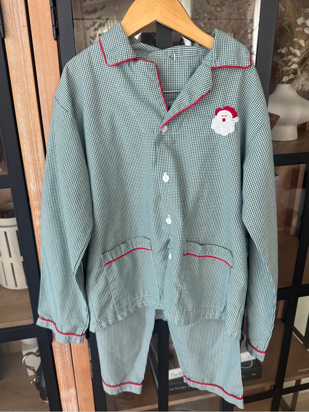 Smockingbird Pajamas set santa embroidered french knot toddler boy ginghsm shirt